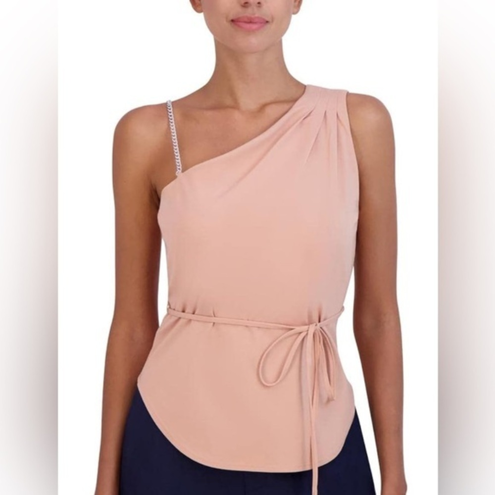 BCBGMaxAzria One-Shoulder Pleated Asymmetrical Blouse in Peach Size XS